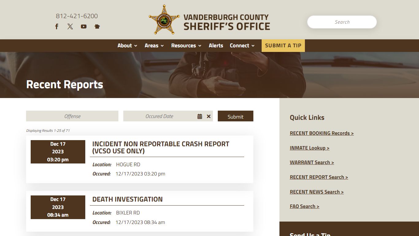 Recent Reports - Vanderburgh County Sheriff's Office